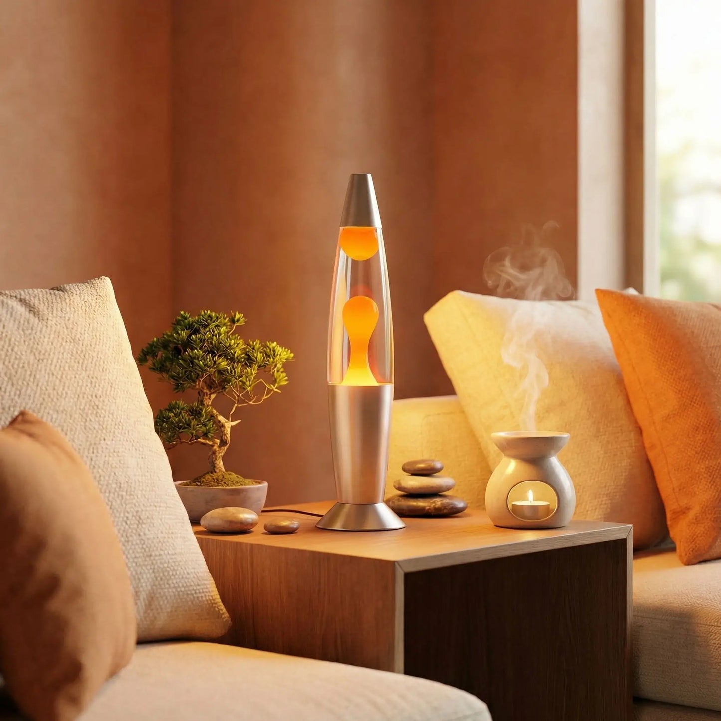 Lampe à lave décorative anti-stress avec effets lumineux fluides oranges
