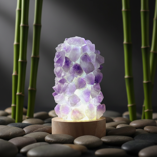 Lampe anti stress améthyste cristaux violets ambiance zen galets