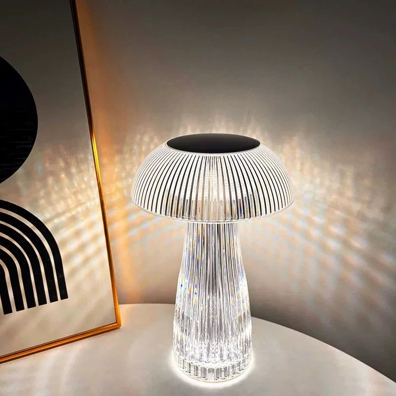 Lampe zen champignon LED sur table de chevet créant une atmosphère apaisante