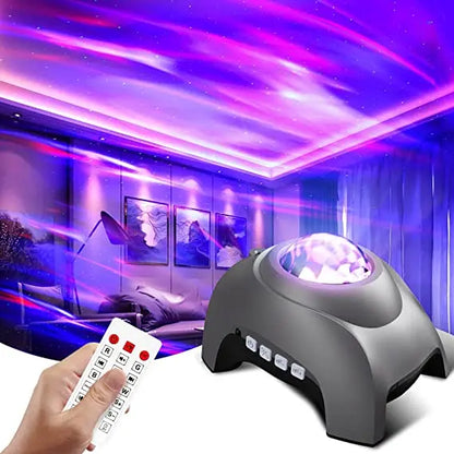 Lampe aurore boréale projetant des lumières roses et mauves dans un salon