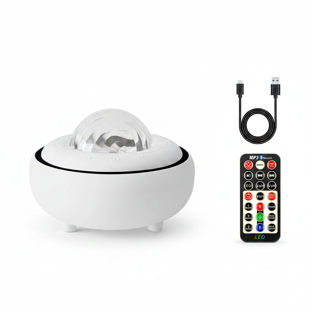 Lampe aurores boréales projecteur étoiles blanc fond blanc avec télécommande et câble USB