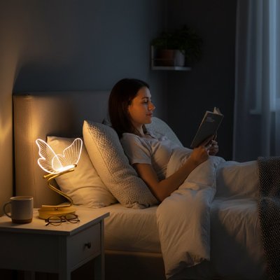 Lampe bureau papillon zen 3Dsur table de chevet femme qui lit dans son lit