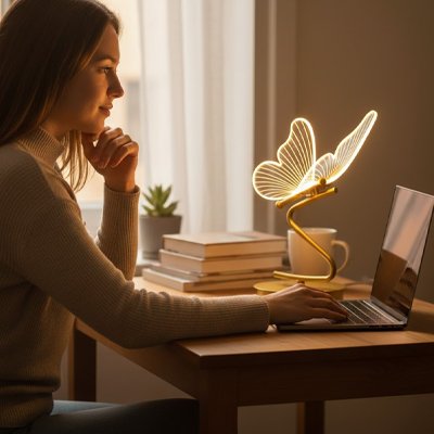 Lampe bureau papillon 3D à côté d'une femme devant son ordinateur