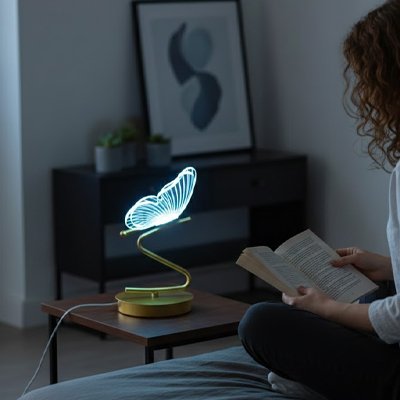 Lampe bureau design papillon sur table de salon femme qui lit dans son canapé