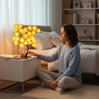 Lampe de chevet design arbre de vie roses dorées sur table de nuit femme position de yoga la regardant souriant