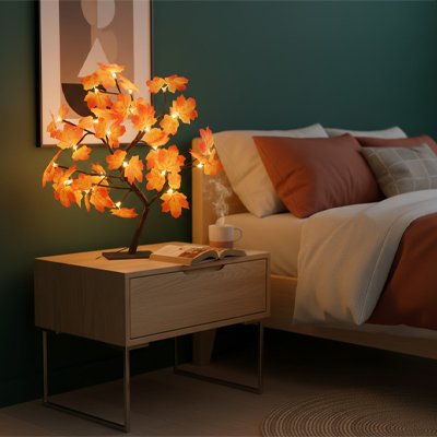 Lampe de chevet design led arbres feuilles oranges lumineuses