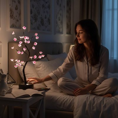 Lampe de chevet design arbre lumières fleuries table de nuit femme souriante dans son lit