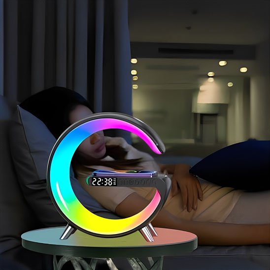 lampe de chevet design réveil zen croissant de lune rose bleu jaune