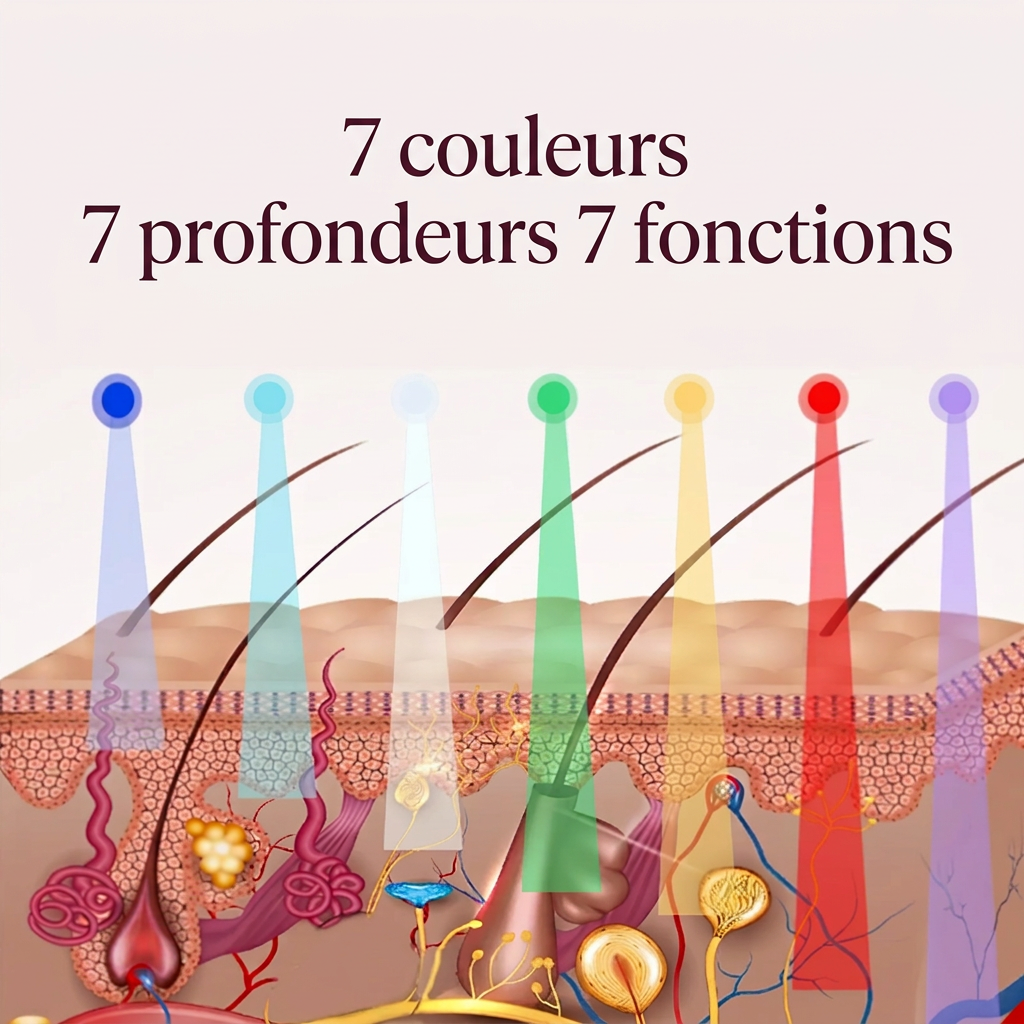 Schéma de la peau traversée par sept faisceaux colorés, titré « 7 couleurs 7 profondeurs 7 fonctions