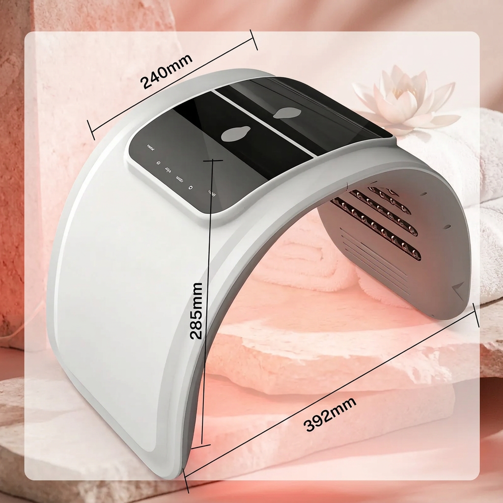 Lampe led pour visage sur fond spa rosé, avec dimensions indiquées : 240, 285 et 392 mm