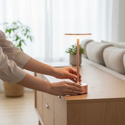 Lampe led sans fil design yin épuré transportable sur muble de salon