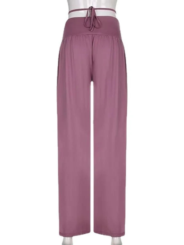 Pantalon évasé femme taille haute avec cordon ajustable tissu fluide couple ample mauve vue de derrière