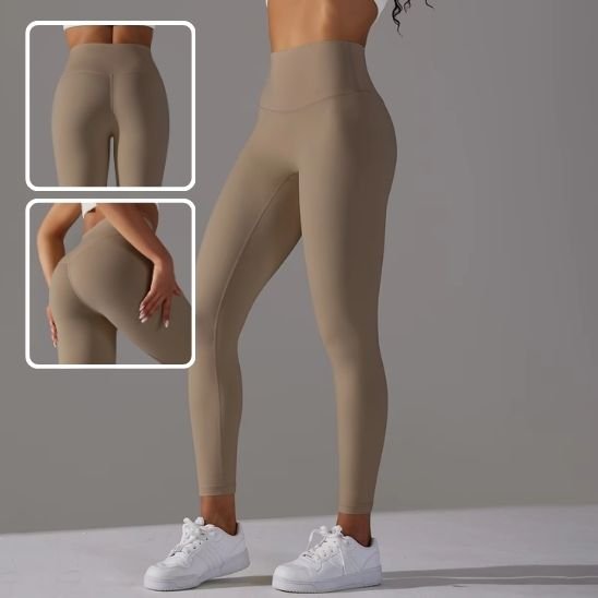 Legging sport femme beige taille haute