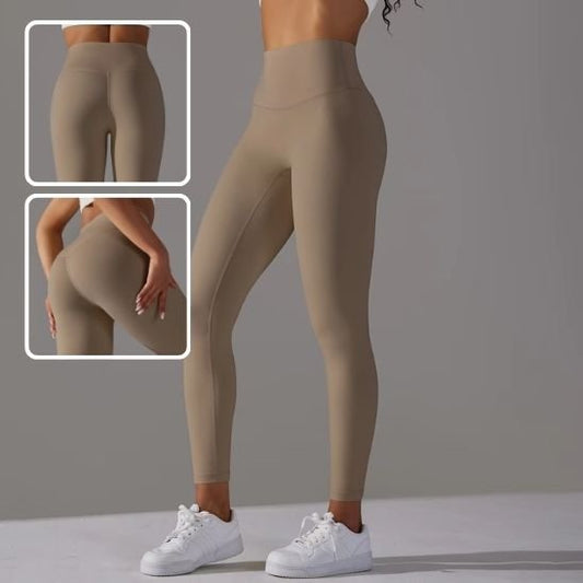 Legging sport femme beige taille haute