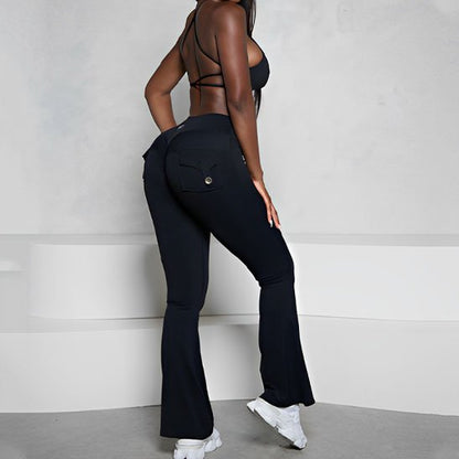 Legging évasé femme sport poches arrières noir 