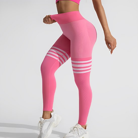 Legging sport femme rose Bandes horizontales contrastées effet gainant