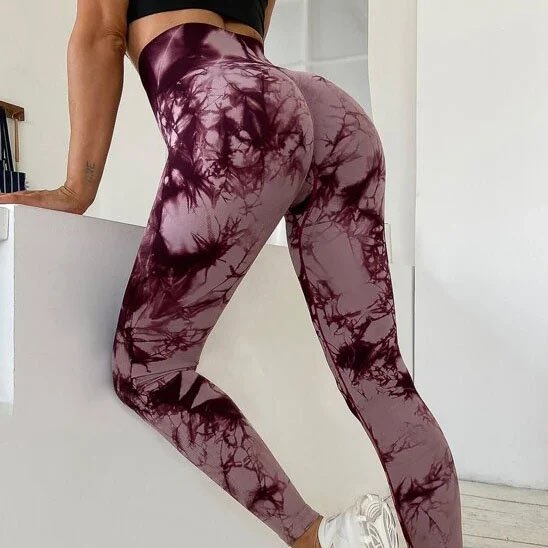 Legging sport femme taille haute gainant tie-dye motif marbré