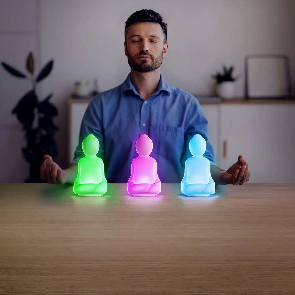 Homme méditant devant trois lampes Bouddha illustrant une lumière relaxation verte, rose et bleue.