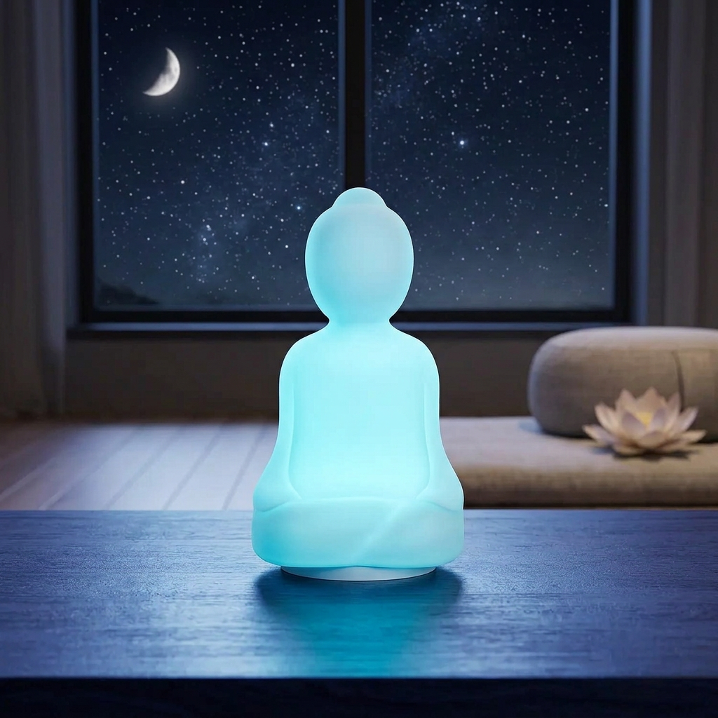 Lampe Bouddha à lumière relaxation bleue dans un décor zen, devant une fenêtre ouverte sur un ciel étoilé.