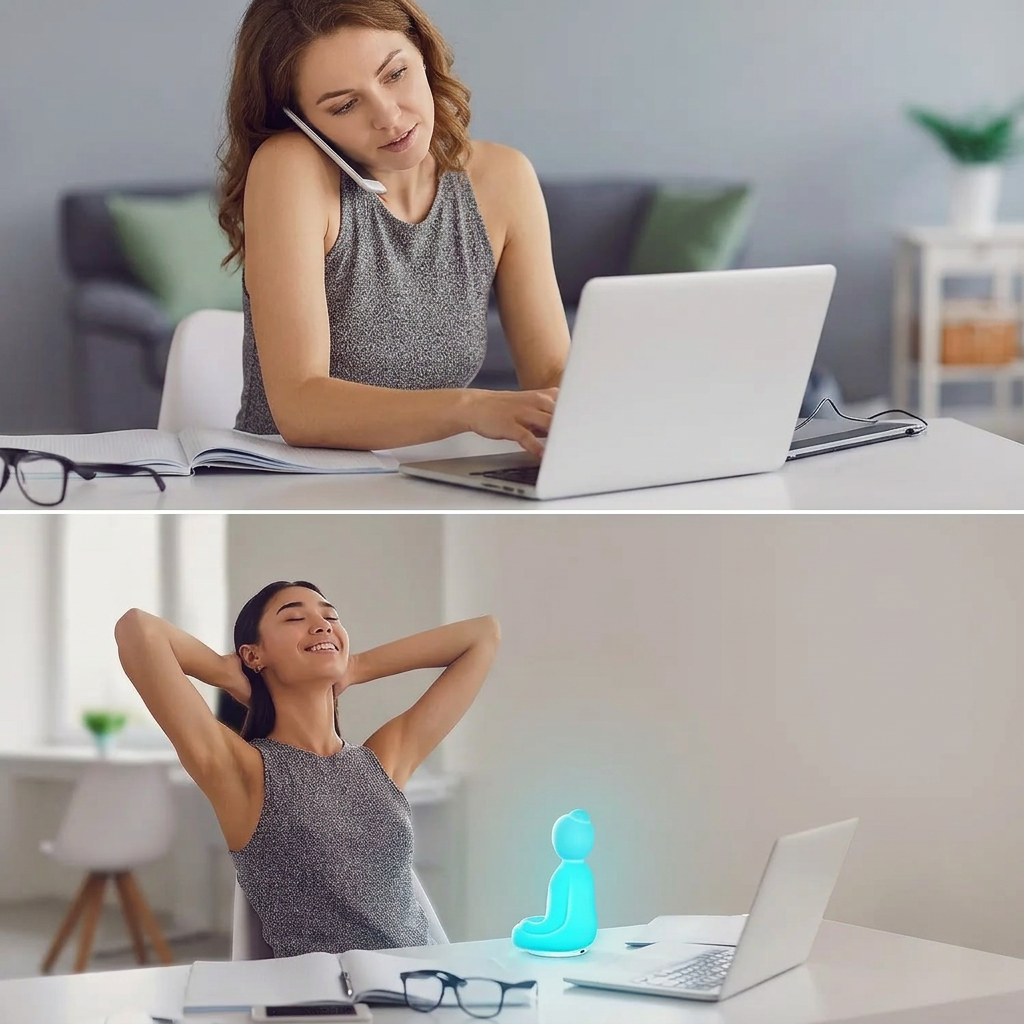 Deux scènes au bureau : travail au téléphone puis pause détente près d’une lampe Bouddha à lumière relaxation bleue.