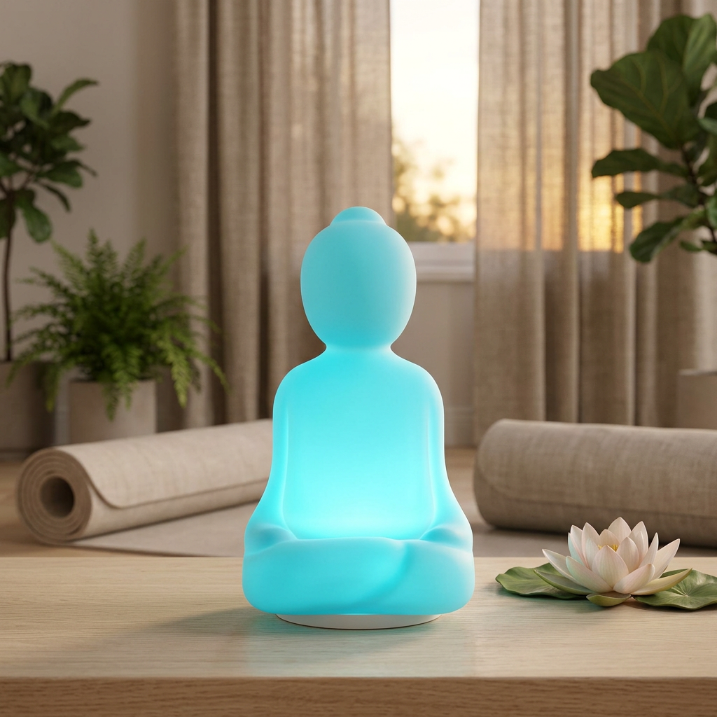 Lampe Bouddha diffusant une lumière relaxation turquoise, près d’une fleur de lotus dans un espace yoga