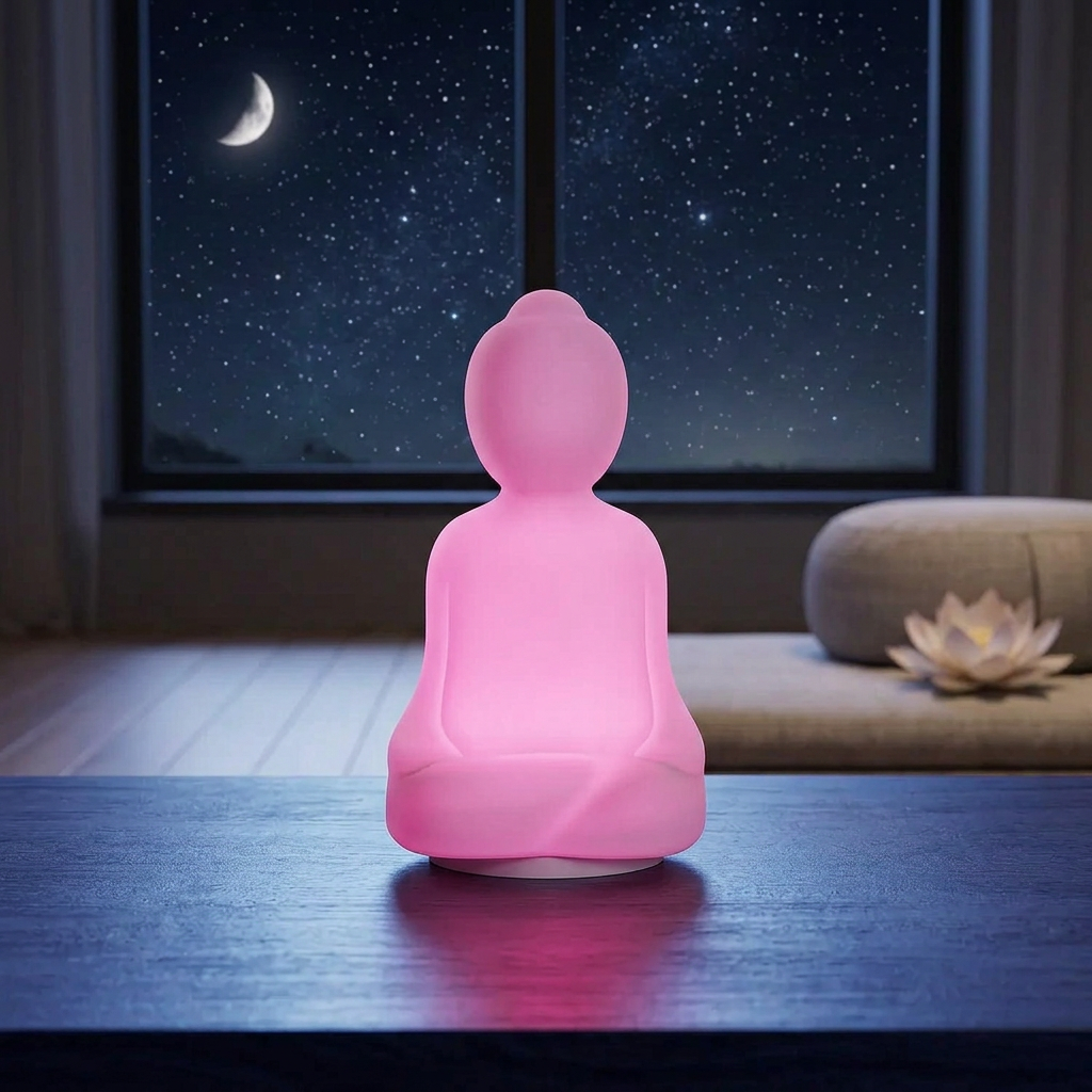 Lampe Bouddha à lumière relaxation rose, avec une fleur de lotus et un coussin devant un ciel étoilé.