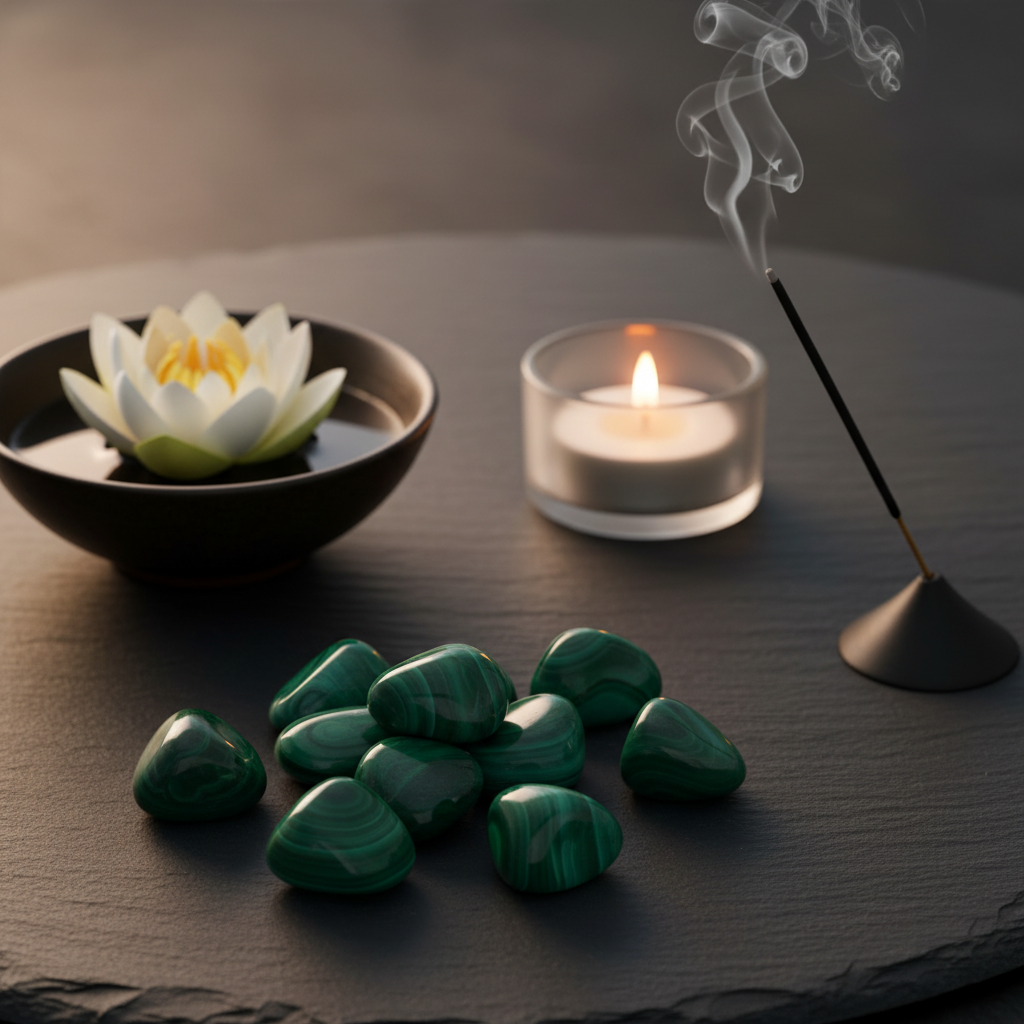 Pierres malachite naturelle ambiance méditation bougie encens chakra cœur
