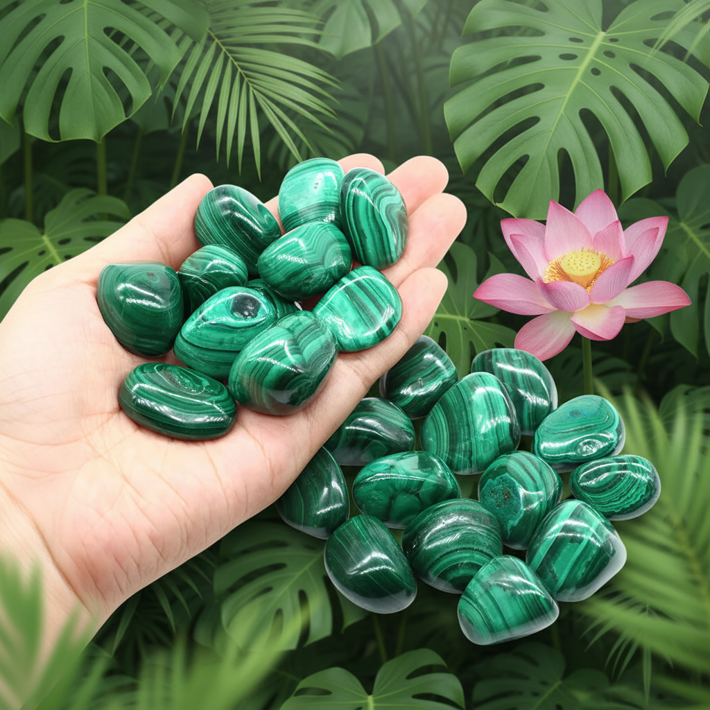 Main tenant des pierres roulées malachite naturelle feuillage tropical lithothérapie