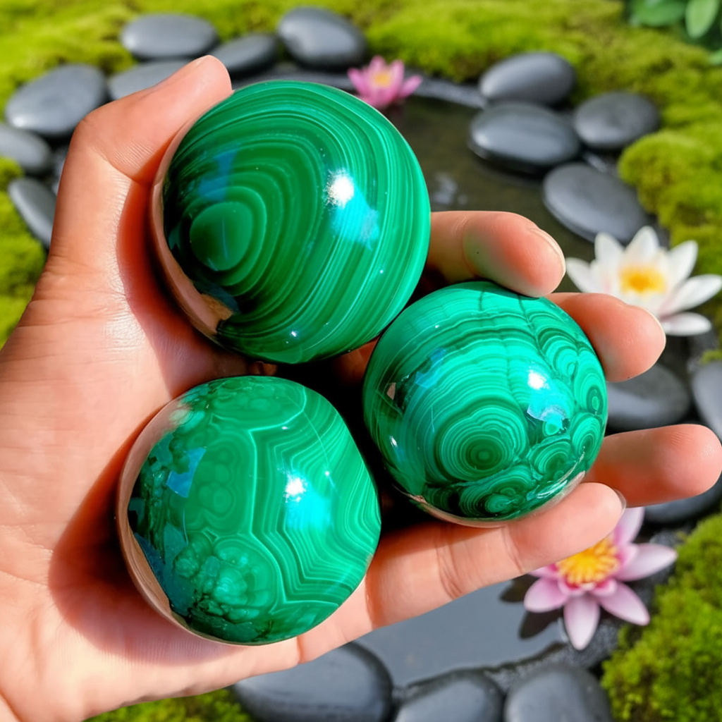 Trois sphères de malachite naturelle dans une main – pierres vertes méditation
