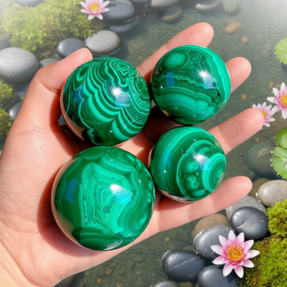 Quatre sphères de malachite naturelle dans une main – pierres vertes décoration zen
