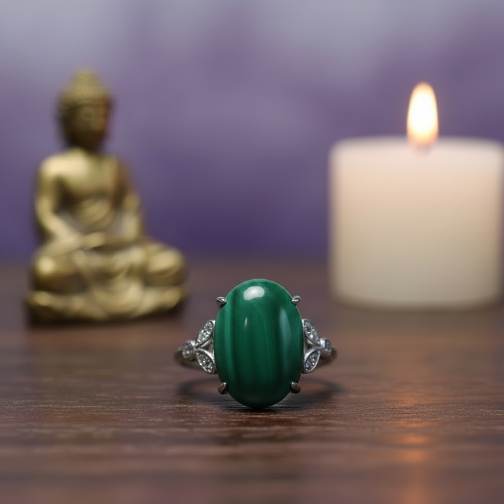 Bague malachite pierre naturelle verte ambiance zen bouddha bougie