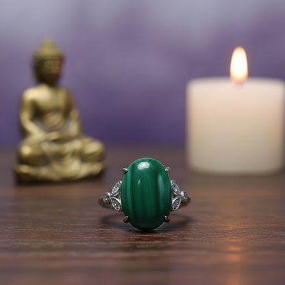 Bague malachite pierre naturelle verte ambiance zen bouddha bougie