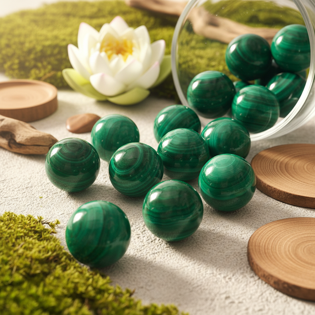 Sphères de malachite sortant d'un bol en verre, fond zen naturel et fleur de lotus