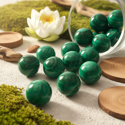 Sphères de malachite sortant d'un bol en verre, fond zen naturel et fleur de lotus