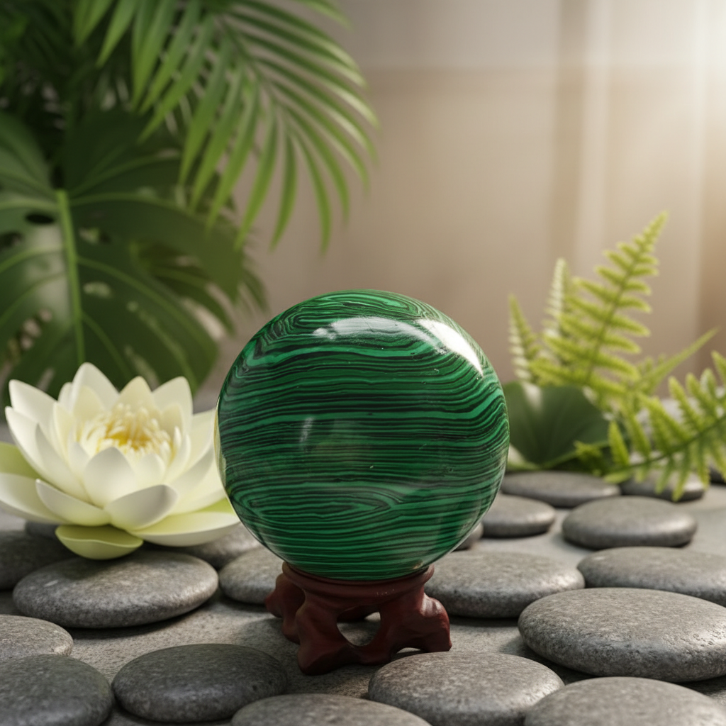 Sphère de malachite polie sur socle bois avec feuilles tropicales – décoration zen