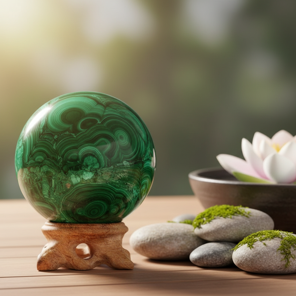 Sphère de malachite naturelle polie sur socle en bois – pierre verte bien-être