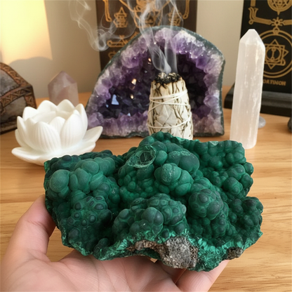 Malachite brute fond autel cristaux améthyste sauge blanche espace sacré