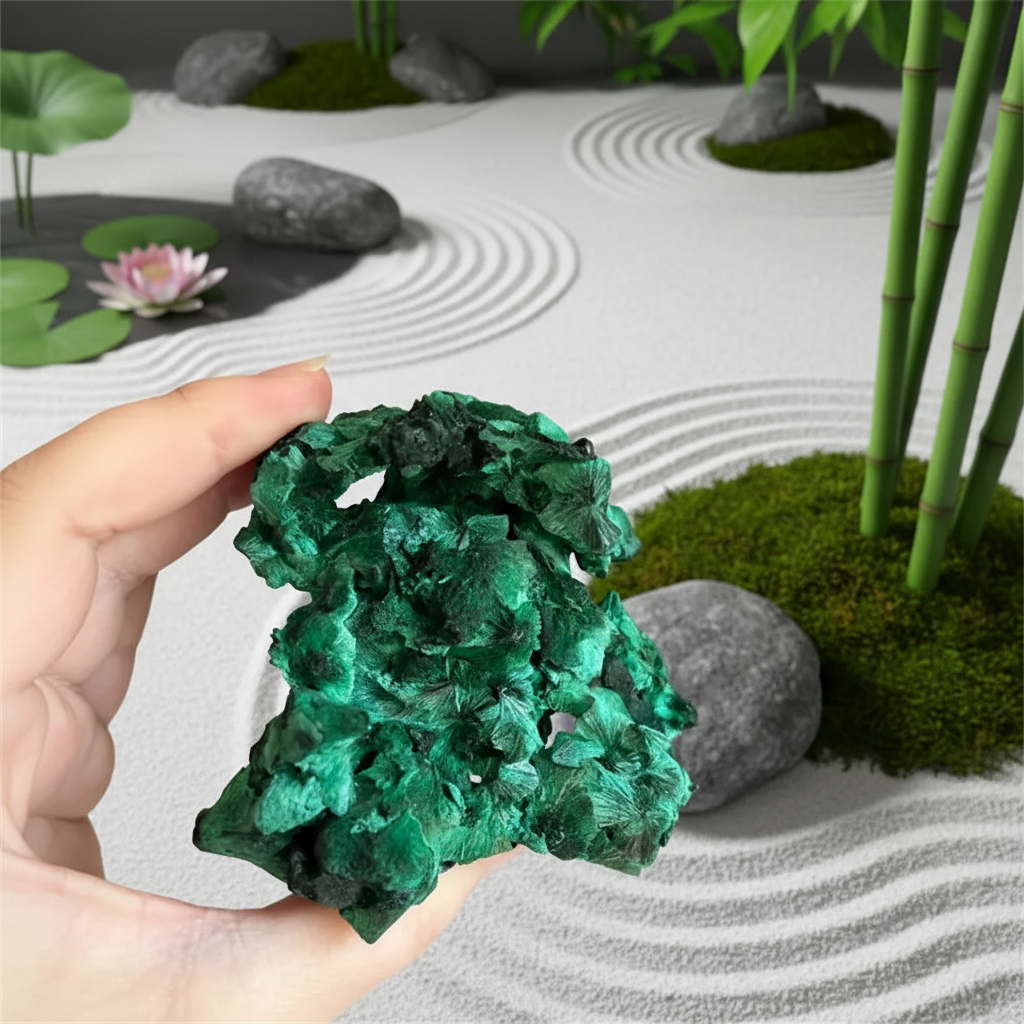 Malachite pierre naturelle brute fond jardin zen japonais sable bambou