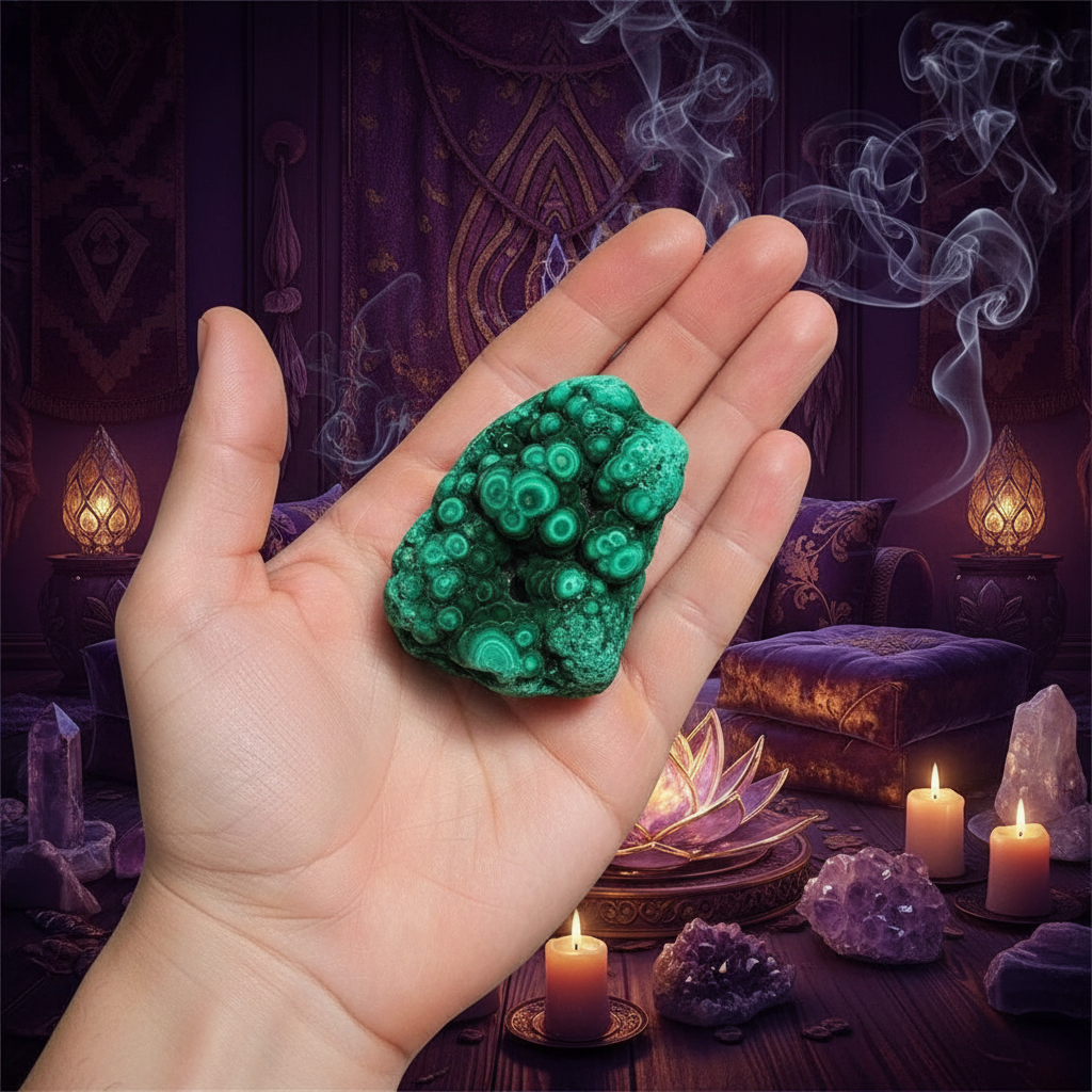 Malachite brute botryoïdale fond spirituel cristaux encens ambiance mystique