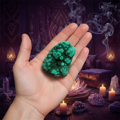 Malachite brute botryoïdale fond spirituel cristaux encens ambiance mystique