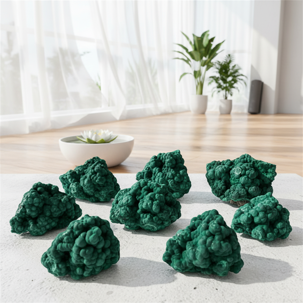 Malachite pierre brute fond studio yoga lumière naturelle parquet bois