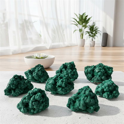 Malachite pierre brute fond studio yoga lumière naturelle parquet bois