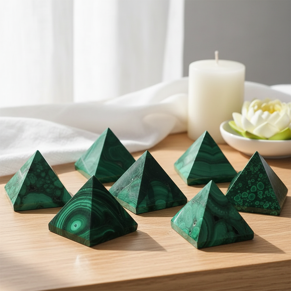 Pyramides malachite décoration maison fond lin blanc bougie – pierre naturelle zen