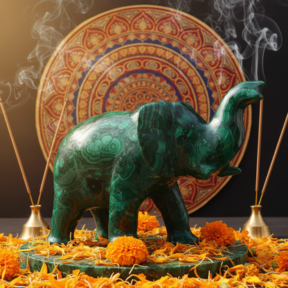 Sculpture éléphant malachite fond indien mandala fleurs – pierre naturelle prospérité