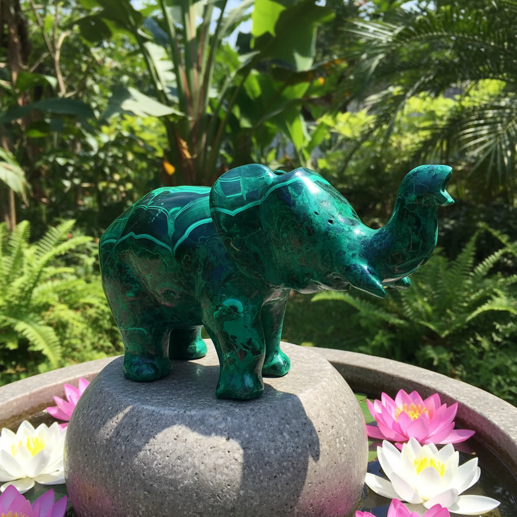 Éléphant en malachite naturelle fond tropical bambou feuilles – décoration zen
