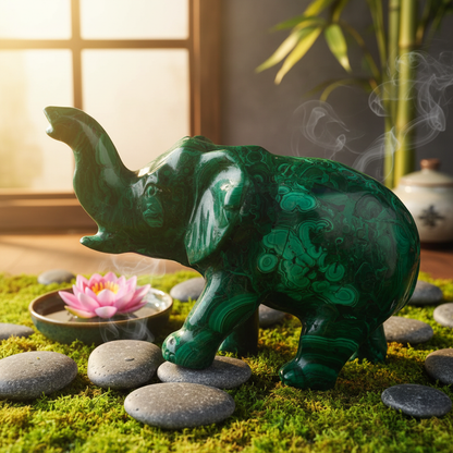 Éléphant malachite naturelle sculpté fond zen mousse et pierres – décoration bien-être