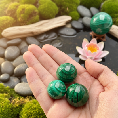 Trois sphères de malachite polie dans une main ouverte, fond zen vert et bois naturel