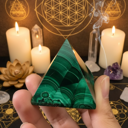 Pyramide malachite fond spirituel géométrie sacrée cristaux – méditation bien-être