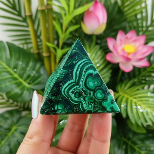 Pyramide malachite fond nature feuilles tropicales bambou – pierre naturelle décoration