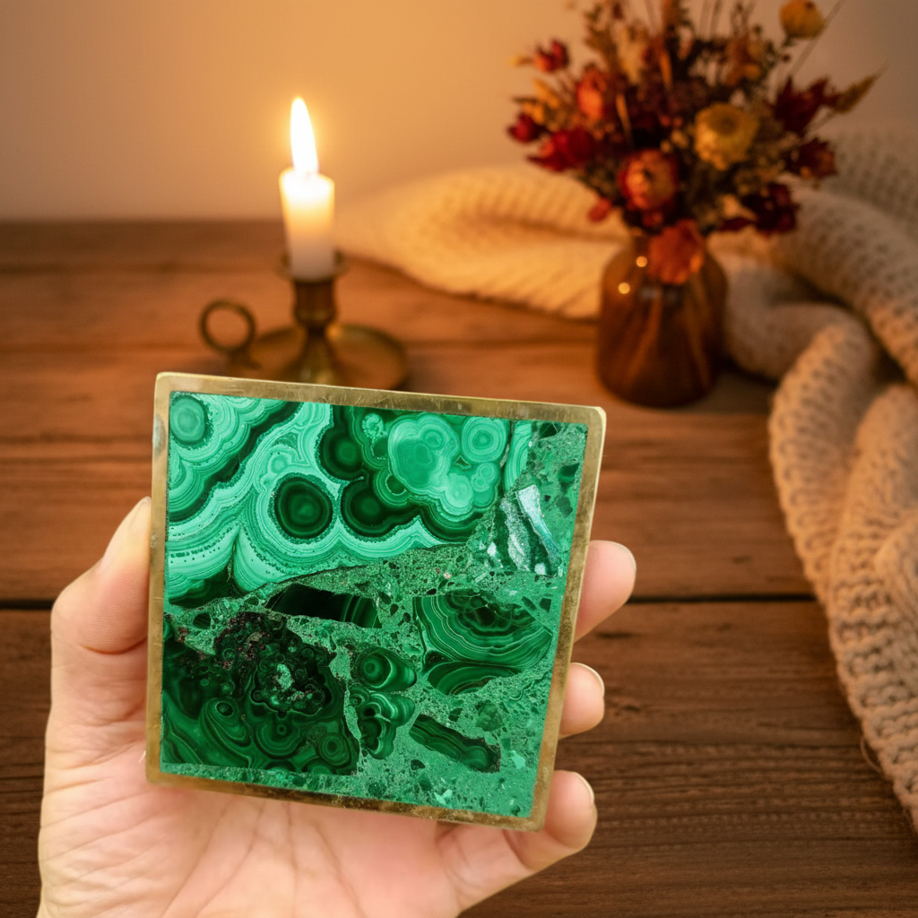Sous-verre malachite cocooning bougies bois décoration naturelle